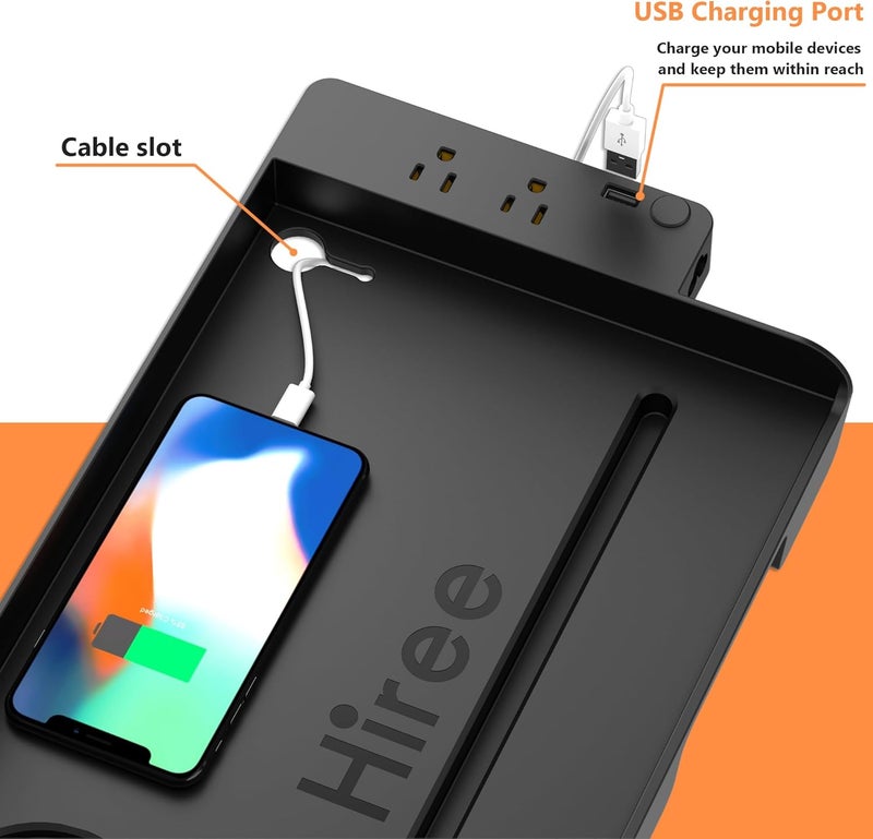 Hiree Bedside Shelf for Dorm Bunk Bed with USB Charging Port and AC Outlets, Bedside Caddy, Attachable Bedside Table, College Dorm Essential Clip On Bedside Tray, Bunk Bed Accessories, Plus Size, Black - Image 2